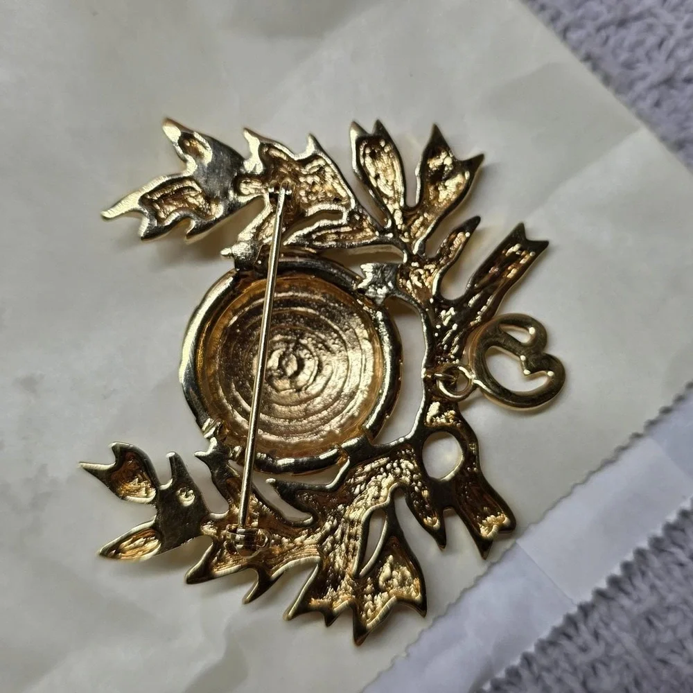 Rare Vintage ST. JOHN Maltese Gold Plated Black Enamel Dangle Logo Pin Brooch